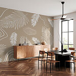Papier peint Feuilles blanches sur fond brun
