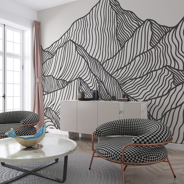 Papier peint Dessin en noir et blanc d'une chaîne de montagnes