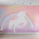 Papier peint Licorne avec arc-en-ciel et montagnes