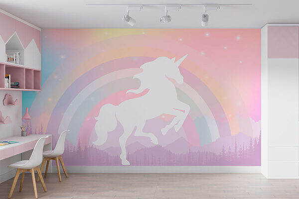 Licorne avec arc-en-ciel et montagnes Papier peint Licorne avec arc-en-ciel et montagnes