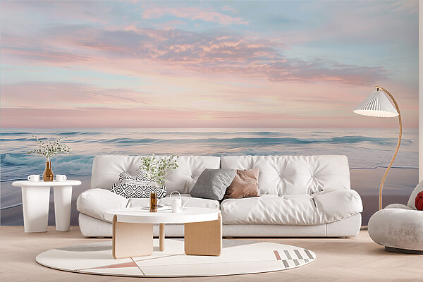 Plage avec des vagues et un ciel rose Papier peint Plage avec des vagues et un ciel rose