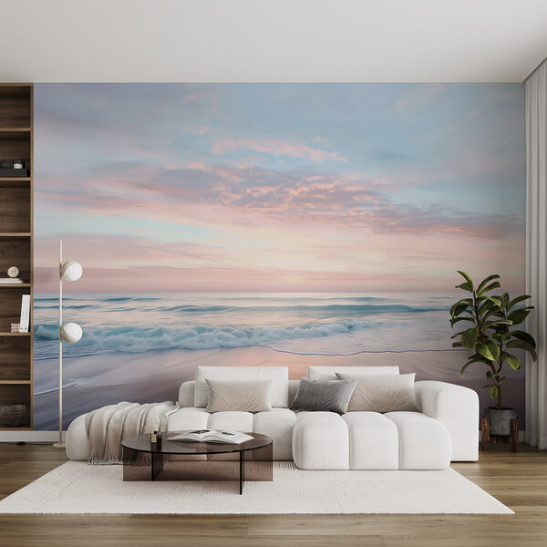 Papier peint Papier peint Plage avec des vagues et un ciel rose (UGS : w07935)