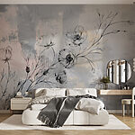 Papier peint Dessin de fleurs sur fond gris