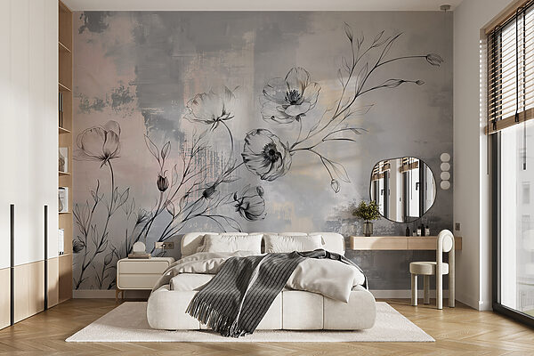 Dessin de fleurs sur fond gris Papier peint Dessin de fleurs sur fond gris