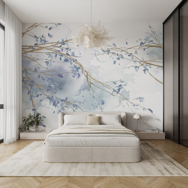 Aquarelle d'une branche d'arbre avec des feuilles bleues Papier peint Aquarelle d'une branche d'arbre avec des feuilles bleues