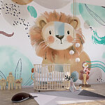 Papier peint Lion de dessin animé avec des taches bleues et blanches
