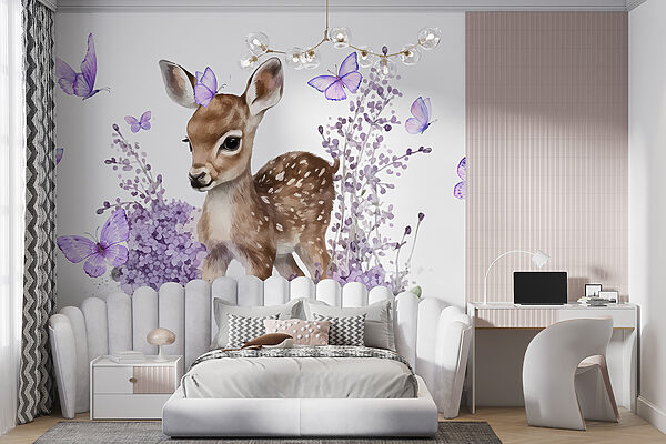 Bébé cerf entouré de fleurs violettes Papier peint Bébé cerf entouré de fleurs violettes