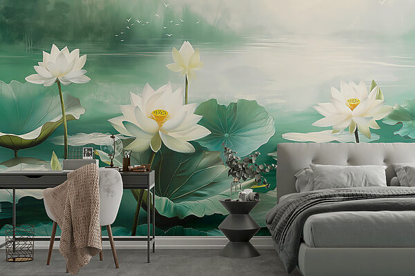 Peinture de fleurs blanches et de feuilles dans un lac Papier peint Peinture de fleurs blanches et de feuilles dans un lac