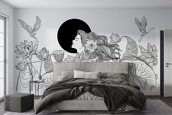 Papier peint Femme aux cheveux longs et aux fleurs