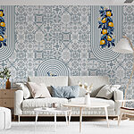 Papier peint Motif de fruits sur fond blanc et bleu