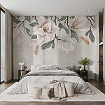 Papier peint Fleurs et feuilles blanches sur fond blanc