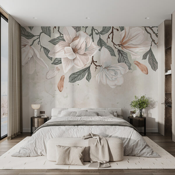 Fleurs et feuilles blanches sur fond blanc Papier peint Fleurs et feuilles blanches sur fond blanc