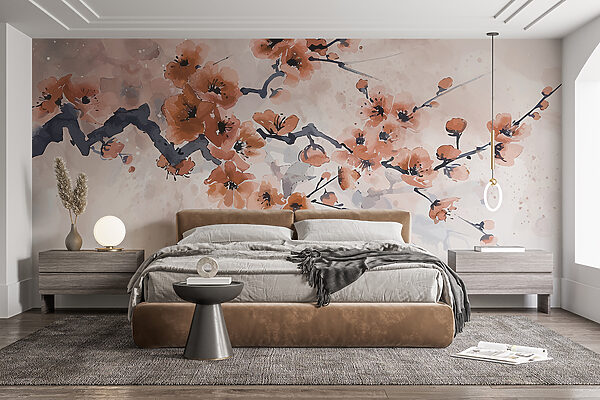 Peinture d'une branche avec des fleurs Papier peint Peinture d'une branche avec des fleurs