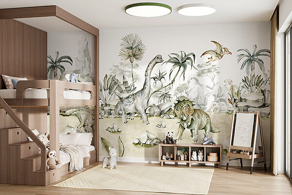 Aquarelle de dinosaures et de plantes Papier peint Aquarelle de dinosaures et de plantes