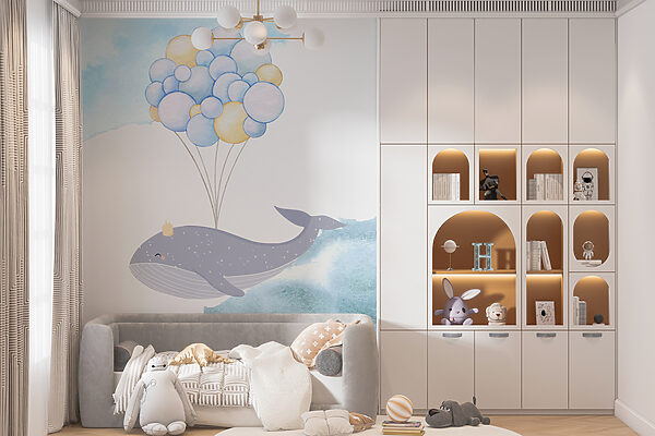 Papier peint Baleine avec ballons sur l'eau (UGS : w08017) Papier peint Papier peint Baleine avec ballons sur l'eau (UGS : w08017)