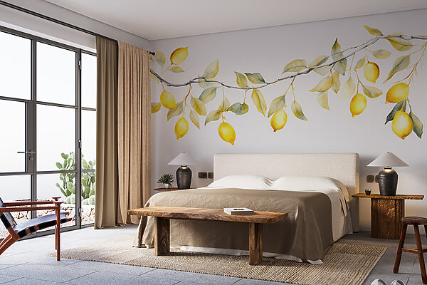 Branche avec feuilles jaunes et citrons Papier peint Branche avec feuilles jaunes et citrons