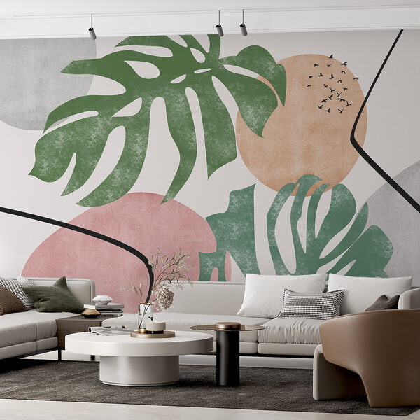 Minimalisme tropical : Oiseaux et feuilles Papier peint Minimalisme tropical : Oiseaux et feuilles
