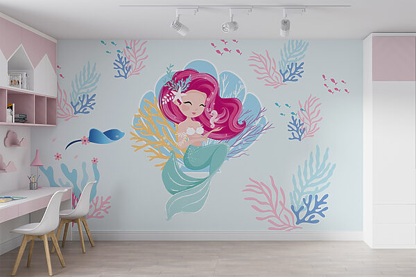 Sirène de dessin animé avec des cheveux roses et un hippocampe Papier peint Sirène de dessin animé avec des cheveux roses et un hippocampe