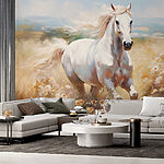 Papier peint Cheval blanc courant dans un champ de fleurs