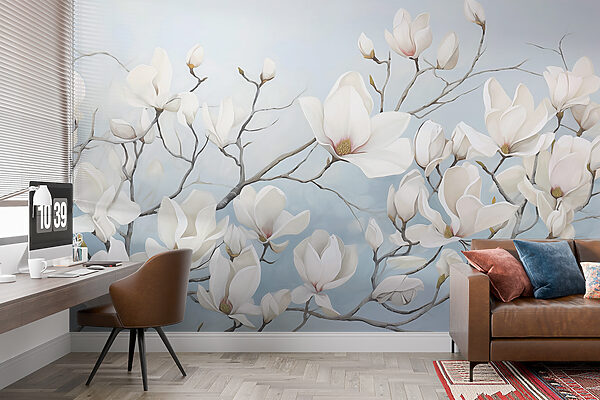 Peinture de fleurs blanches sur une branche Papier peint Peinture de fleurs blanches sur une branche