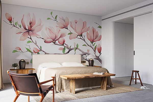 Branche avec fleurs et feuilles roses Papier peint Branche avec fleurs et feuilles roses