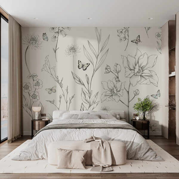 Papier peint avec des fleurs et des papillons Papier peint Papier peint avec des fleurs et des papillons