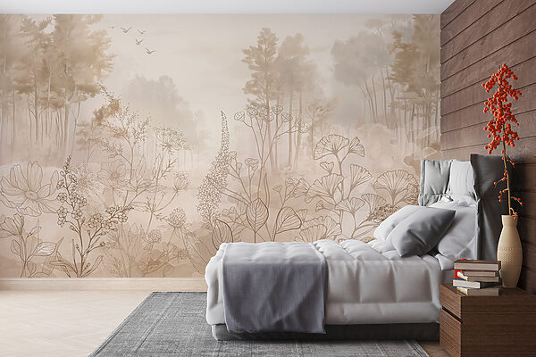 Paysage brumeux avec arbres et plantes Papier peint Paysage brumeux avec arbres et plantes