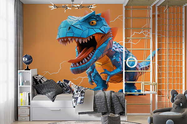 Papier peint Dinosaure bleu avec des éclairs qui en sortent