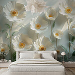 Papier peint Groupe de fleurs blanches avec des feuilles vertes