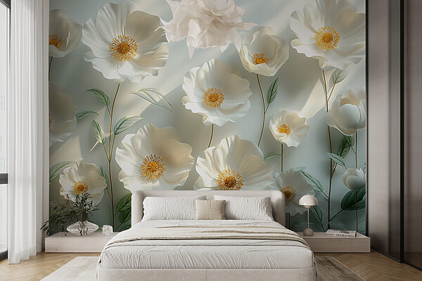 Groupe de fleurs blanches avec des feuilles vertes Papier peint Groupe de fleurs blanches avec des feuilles vertes