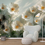 Papier peint Groupe de fleurs blanches avec des feuilles vertes