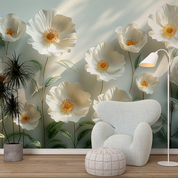 Papier Peint Mural 3D White Plants Trees Papier Peint Intissé Trompe L