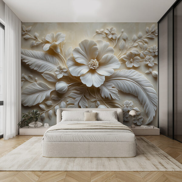 Papier peint Fleur et feuilles blanches