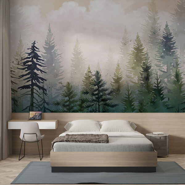 Peinture d'arbres dans le brouillard Papier peint Peinture d'arbres dans le brouillard