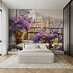 Papier peint Peinture d'un balcon avec des fleurs violettes