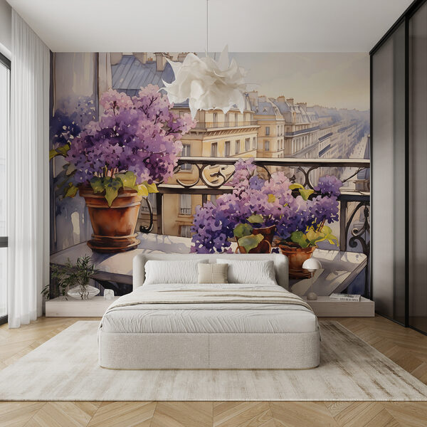 Peinture d'un balcon avec des fleurs violettes Papier peint Peinture d'un balcon avec des fleurs violettes