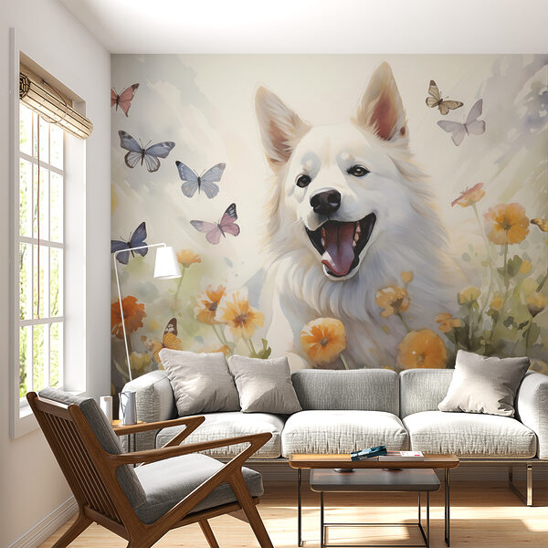 Chien blanc avec des papillons autour de lui Papier peint Chien blanc avec des papillons autour de lui