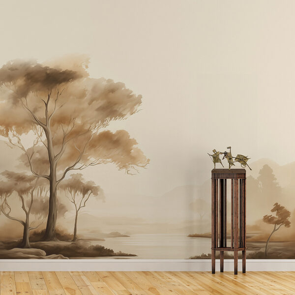 Rivière avec arbres et herbe Papier peint Rivière avec arbres et herbe