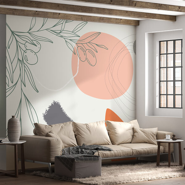 Graphisme d'une branche avec des olives et des cercles Papier peint Graphisme d'une branche avec des olives et des cercles