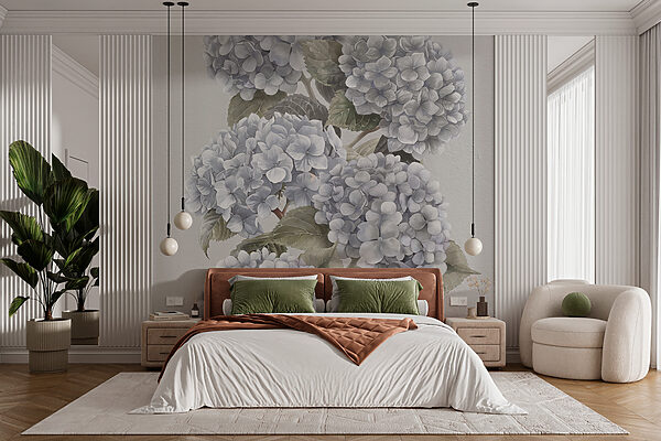 Papier peint Hortensias élégants en camaïeu doux