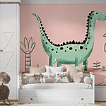 Papier peint Dinosaure de dessin animé avec des plantes et des feuilles