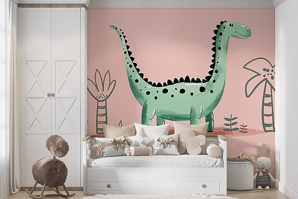 Papier peint Dinosaure de dessin animé avec des plantes et des feuilles