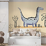 Papier peint Dinosaure de dessin animé avec des plantes et des fleurs