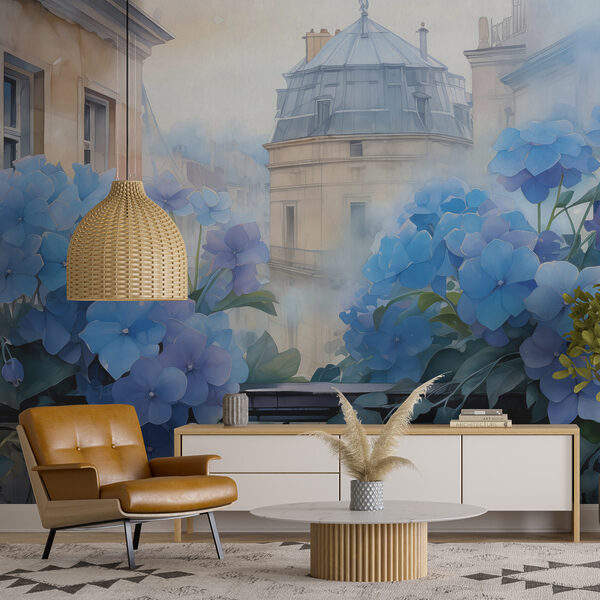 Papier peint Papier peint Peinture de fleurs bleues sur un balcon (UGS : w01439)