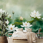 Papier peint Groupe de fleurs blanches et de feuilles vertes