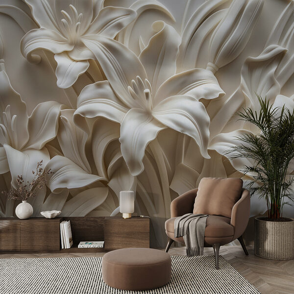 Papier peint Sculpture de fleurs blanches sur un mur