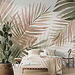 Papier peint Feuilles tropicales dans des tons doux.