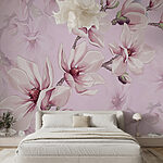 Papier peint Magnolias en fleurs sur fond rose
