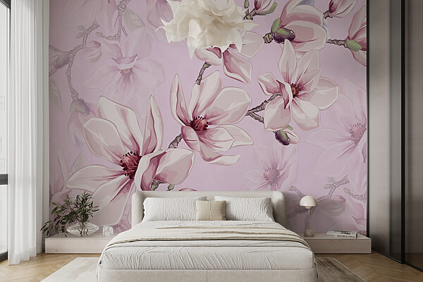 Magnolias en fleurs sur fond rose Papier peint Magnolias en fleurs sur fond rose
