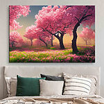 Tableaux Champ de fleurs roses avec arbres